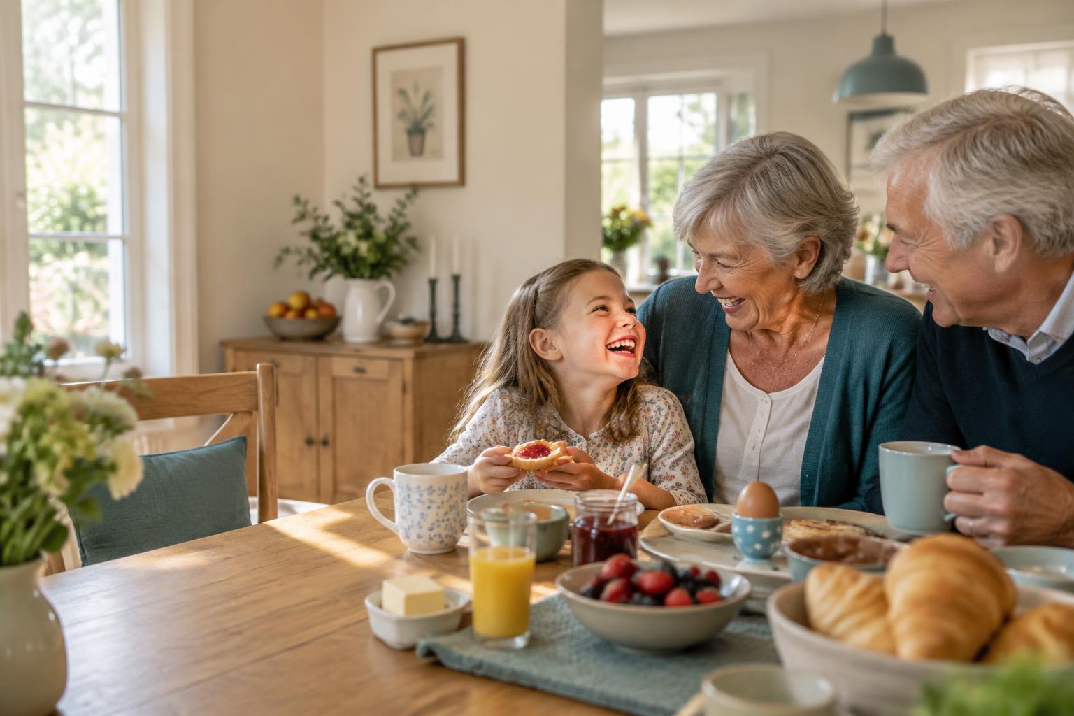 Großeltern lachen mit ihrer Enkelin beim gemeinsamen Frühstück